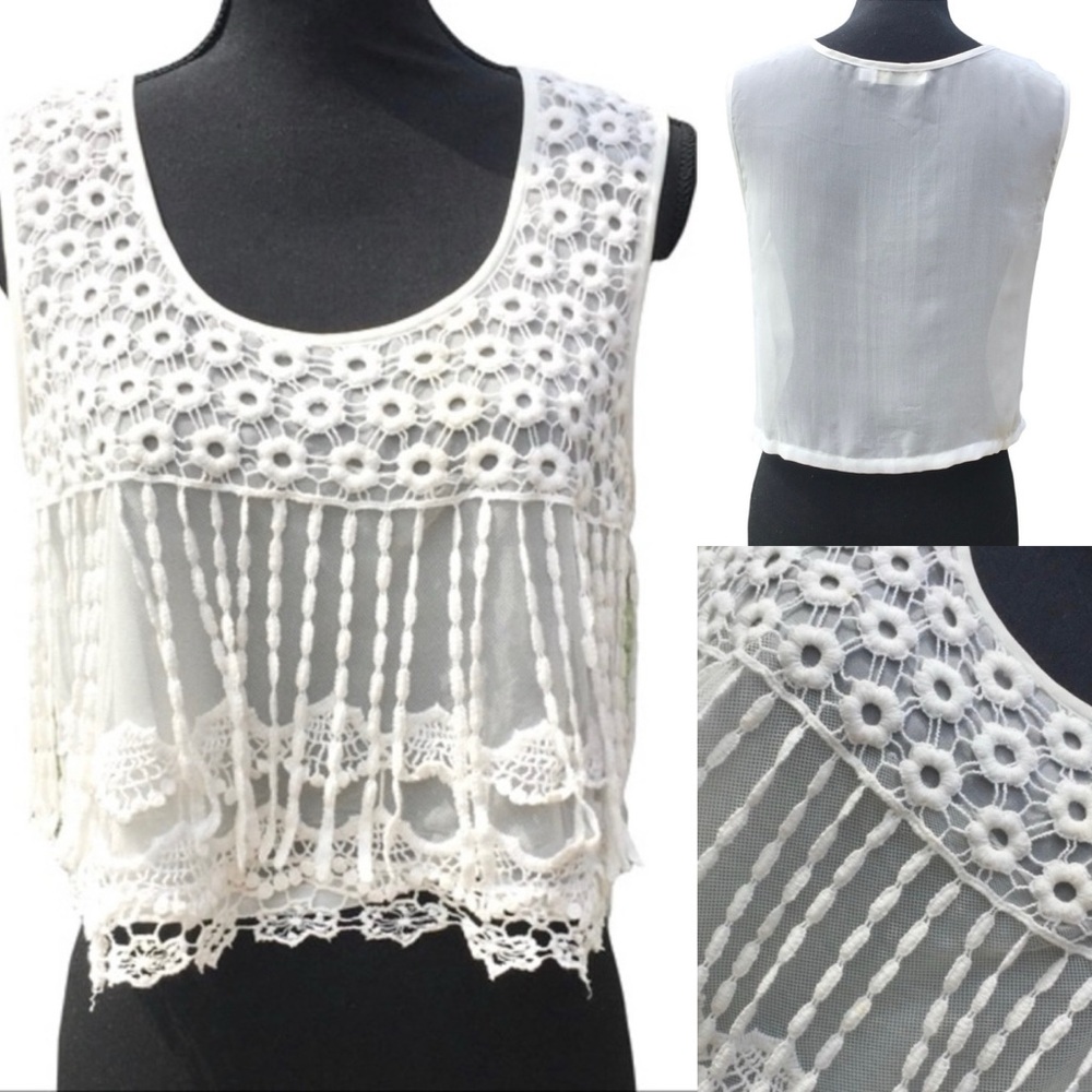 Millau White Embellished Intricate Lace Overlay Sleeveless Crop Top
